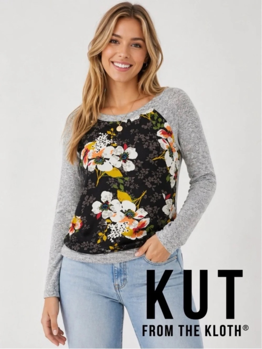 Kut from the Kloth Long Sleeve Floral Raglan Top with Marled Trim Sz XS Oversize